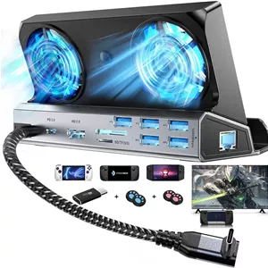 داک استیشن خنک کننده دوگانه 13 در 1 استیم دک با پورت‌های 4K@60Hz، 5 پورت USB، 1000Mbps، اسلات SD/TF، USB-C 100W PD، آداپتور 40Gbps برای استیم دک/ROG Ally/Switch/Legion Go