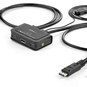 سوئیچ KVM دو پورت DisplayPort با کابل، صدا و کنترل از راه دور StarTech.com - 2560x1600 @60Hz - تغذیه از طریق USB - سوئیچ KVM دو پورت DP USB (SV211DPUA)، مشکی