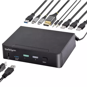 سوئیچ KVM دو پورت USB-C استار تک، مانیتور تکی DisplayPort 4K 60Hz، صدای 3.5 میلی متری، 6 پورت هاب USB، سوئیچینگ کلید میانبر، سازگار با تاندربولت 3/4