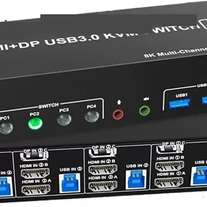 سوئیچ KVM دیسپلی پورت HDMI 8K USB 3.0 با سه مانیتور 4K 120Hz، سوئیچر دیسپلی پورت توسعه یافته 4 ورودی 3 خروجی برای ماوس و کیبورد (پلاگین برق US)