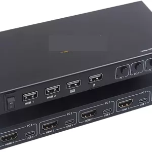 سوئیچ KVM چهار پورت HDMI مدل KCEVE، سوئیچ USB HDMI با 4 ورودی و 1 خروجی برای اشتراک مانیتور، کیبورد و ماوس با قابلیت جابجایی کلیدهای میانبر تطبیقی