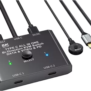 سوئیچ USB C دو طرفه، سوئیچر KVM USB Type C، انتقال داده 8K/10Gbps، شارژ 100W، سازگار