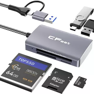 کارت خوان CFast، کارت خوان حافظه 5 در 2 CFast 2.0 SD/TF، آداپتور 5 گیگابیت بر ثانیه PD/USB 3.2 Gen 1 با کابل USB C/USB A سازگار با ویندوز/مک/لینوکس/اندروید (5 در 2)