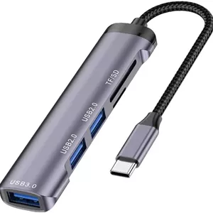 هاب USB C - اسپلیتر USB با 5 پورت، توسعه دهنده USB C برای لپ تاپ با پورت C، 1 پورت USB 3.0، 2 پورت USB 2.0، 1 پورت SD، 1 پورت TF، ابعاد 10.8 * 2.4 * 1.06 سانتی متر