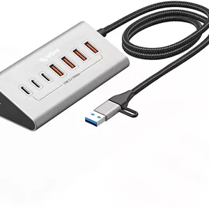 هاب USB-C هفت در یک First Wave DeskHub – USB 3.2 Gen 2 با سرعت 10 گیگابیت بر ثانیه، آلومینیومی، درپوش USB-A، کابل بافته شده 1 متری، قابلیت تعویض سریع، اتصال و پخش، محافظت در برابر ولتاژ و جریان بیش از حد، برای لپ تاپ، کامپیوتر، مک بوک، نقره ای قمری