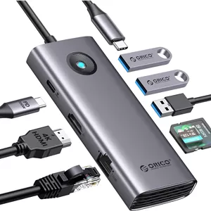 آداپتور هاب USB C اوریکو، دانگل USB C هشت در یک با HDMI 4K PD100W 3*USB3.0 Ethernet SD/TF، آداپتور هاب USB C چند پورت برای MacBook/Dell/HP/Surface/Lenovo - خاکستری