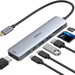 هاب USB C با آداپتور HDMI برای مک بوک پرو/ایر، دانگل USB C موکین 7 در 1 با پورت HDMI، پورت داده Type C، پورت PD 100W، کارت خوان SD/TF و 2 پورت USB 3.0 برای دل/لنوو/Thinkpad