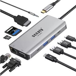 هاب USB C ده در یک با پورت HDMI 4K@60Hz، پورت اترنت 1000 مگابیت بر ثانیه، شارژ PD 100 واتی، پورت VGA، پورت صوتی 3.5 میلی متری، کارت خوان SD 3.0 و TF 3.0، هاب USB-C، 2*پورت USB 3.0 برای لپ تاپ USB-C و دستگاه Type C