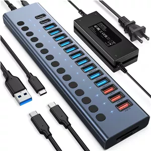 هاب USB پرقدرت 10 گیگابیت بر ثانیه، 17 پورت هاب USB 3.2 (10 پورت USB-A 3.23 پورت شارژ سریع QC 24W2 پورت USB-C 3.2کارت خوان SD/TF)، آداپتور برق 12V/8A برای لپ تاپ، کامپیوتر، هارد دیسک، فلش درایو