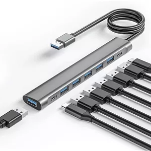 هاب USB با کابل بلند، آداپتور 8 پورت USB 3.0 با 6 پورت داده USB 3.0، داده USB-C، اسپلیتر USB با پورت برق USB C 5V/3A، کابل اصلی 47 اینچی/120 سانتی متری برای لپ تاپ و کامپیوتر