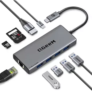 هاب USB C اترنت QGeeM، آداپتور تبدیل چند پورت 9 در 1 USB Type C HDMI، پورت PD 100W، USB 3.0، کارت خوان SD/TF، سازگار با MacBook Pro Air Ipad HP Dell Lenovo Chromebook و غیره.