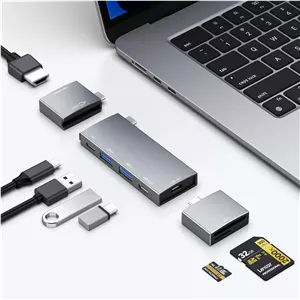 هاب USB برای مک بوک، هاب USB-C هفت در دو، برای پورت تاندربولت 4، HDMI 4K 60Hz، 2 پورت USB C، 2 پورت USB A برای انتقال داده، کارت خوان microSD SD برای مک بوک پرو 13 اینچی، مک بوک ایر M1 M2 M3 آیپد دل لنوو