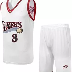 لباس بسکتبال مردانه NBA شماره 3 آلن آیورسن گلدوزی شده، لباس ورزشی بسکتبال Swingman، تی شرت بدون آستین و شورت XIKJUK (سایز: XXLarge)