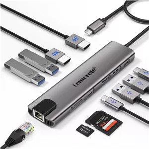 هاب داکینگ استیشن آلومینیومی USB C با 2 پورت HDMI، گیگابیت اترنت، 4 پورت USB A، پورت USB C 3.0، PD100W، SD TF، آداپتور داک Usbc Lan RJ45 1000 مگابیت بر ثانیه برای لپ تاپ Macbook 2 مانیتور برای Lenovo HP Dell Surface