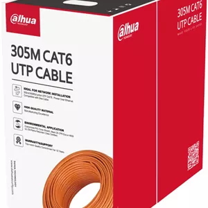 کابل UTP CAT6 داهوا 305 متری، روکش بیرونی PVC، رسانای CCA، جنس عایق HDPE، جنس جداکننده PE، گیج سیم 23AWG، نخ پاره کننده پلی استر، نارنجی | PFM922I