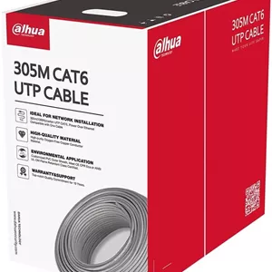 کابل UTP CAT6 داهوا 305 متری، روکش بیرونی PVC، هادی CCA، جنس عایق HDPE، جنس جداکننده PE، گیج سیم 23AWG، طناب بازکن پلی استر، خاکستری | PFM922I-6UN-C