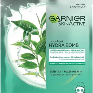 ماسک بافتی آبرسان صورت گارنیه، حاوی چای سبز و هیالورونیک اسید، برای پوست های نرمال تا چرب، SkinActive Hydra Bomb، 28 گرم
