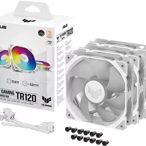 فن تی یو اف گیمینگ TR120 ARGB ایسوس، فن 120 میلی‌متری، سرعت فن تا 2000 دور در دقیقه، جریان هوای 77.4 CFM، سازگار با Aura Sync، کنترل PWM، بسته‌ سه تایی، سفید | 90DA0093-B09020