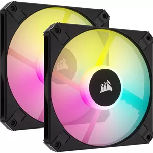 فن باریک 120 میلی‌متری PWM FDB مدل Corsair iCUE AF120 RGB SLIM، سرعت فن 2000 دور در دقیقه، جریان هوای 56.3 CFM، نویز فن 27.5 dBA، حالت Zero RPM، نوع جریان فشار استاتیک، بسته دوتایی، مشکی | CO-9050163-WW