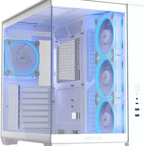 کیس کامپیوتر ASUS A32 PLUS ATX، دارای 4 فن aRGB از پیش نصب شده، پشتیبانی از رادیاتور تا 360 میلی‌متر و 10 فن 120 میلی‌متری، نمای پانورامیک 270 درجه، پنل‌های جانبی جداشدنی، سفید | 90DC00S3-B19000