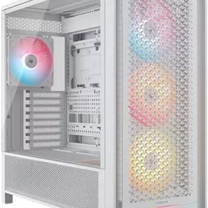 کیس کامپیوتر مید-تاور با جریان هوای بالا Corsair FRAME 5000D RS ARGB، دارای 4 فن RS140 ARGB از پیش نصب شده، پشتیبانی از رادیاتور 360 میلی‌متری، 8 اسلات توسعه، شیشه حرارت دیده، فولاد با جریان هوای 3D-Y، سفید | CC-9011310-WW