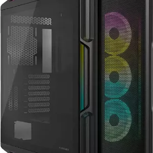 کیس کامپیوتر Corsair iCUE 5000T RGB Mid Tower ATX، شیشه حرارت دیده، پشتیبانی از رادیاتور 360 میلی‌متری و 10 فن، شامل 3 فن 120 میلی‌متری، 72 اسلات توسعه عمودی، مشکی | CC-9011230-WW