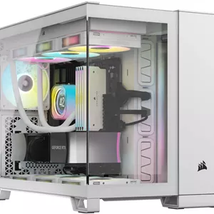 کیس کامپیوتر دو محفظه ای Corsair iCUE LINK 2500X RGB Micro ATX، دارای 2 فن از پیش نصب شده RX RGB، پشتیبانی از رادیاتور تا 360 میلی متر و 9 فن، پنل جلویی مدرن I/O، سفید | CC-9011268-WW