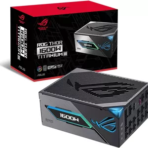 منبع تغذیه کامپیوتر ایسوس ROG Thor 1600W Titanium III کاملا ماژولار، بازدهی 80 پلاس تیتانیوم، گواهینامه سایبرنتیکس تیتانیوم، PFC فعال، استاندارد ATX 3.1، فناوری GaN MOSFET | 90YE00V1-B0NA00