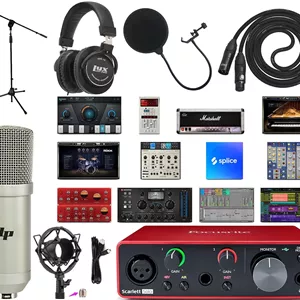 مجموعه کارت صدای USB Focusrite Scarlett Solo نسل سوم به همراه میکروفون کاندنسر کاردیوید LyxPro، لرزه‌گیر، پاپ فیلتر، کابل XLR، پایه میکروفون فلزی، هدفون استودیویی و کیت نرم‌افزاری خلاقانه Focusrite