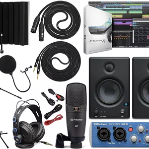پکیج کامل استودیویی PreSonus AudioBox 96 (رنگ آبی یا مشکی متغیر است) به همراه نرم‌افزار Studio One Artist، مانیتورهای استودیویی Eris 4.5، کابل ساز و شیلد ایزوله میکروفون