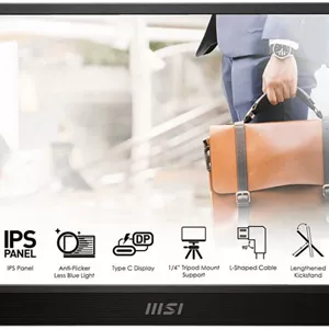 مانیتور قابل حمل MSI PRO MP161 E2، نمایشگر 16 اینچی FHD IPS، نرخ نوسازی 60 هرتز، زمان پاسخگویی 4 میلی‌ثانیه (GtG)، 16.7 میلیون رنگ نمایشگر، 2 بلندگوی داخلی 1.5 واتی، مشکی | 9S6-3PB70H-047