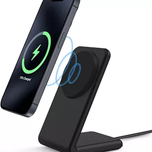پایه شارژر بی‌سیم سازگار با MagSafe، هم‌ترازی مغناطیسی قوی، شارژ سریع 15 واتی، حالت استندبای iOS 17، برای مدل‌های آیفون 16، 15، 14، 13، 12، پلاس، پرو، مکس، شامل کابل USB-C یک متری