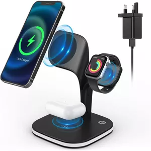 شارژر بی‌سیم مغناطیسی، ایستگاه شارژ 5 در 1 با چراغ LED سازگار با iPhone 14/13/12/Pro/Pro Max/Mini، iWatch SE/8/7/6/5/4/3/2، Airpods 3/2/Pro/Ultra.