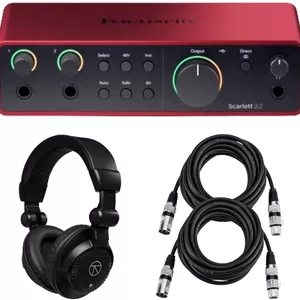 کارت صدای USB Focusrite Scarlett 2i2 نسل 4 به همراه بسته نرم افزاری و هدفون استودیویی پشت بسته TAPH100 و 2 عدد کابل میکروفون