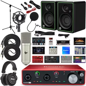 کارت صدای USB فوکوسرایت Scarlett 4i4 4x4 به همراه نرم‌افزار تولید موسیقی، مانیتورهای استودیویی CR3-X، هدفون حرفه‌ای و کابل‌های ساز 1/4 اینچی