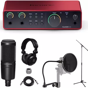 کارت صدای USB فوکوسرایت Scarlett 2i2 نسل 4 به همراه مجموعه نرم افزاری، باندل با میکروفون AT2020، هدفون TAPH100 و پایه میکروفون