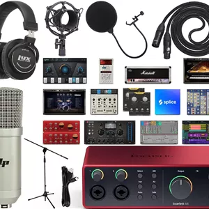 کارت صدا و MIDI فوکوسرایت Scarlett 4i4 USB-C (نسل چهارم) بسته کامل استودیویی رابط صوتی USB 2x2 به همراه کیت نرم افزاری انحصاری تولید موسیقی خلاقانه