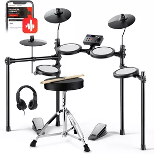 ست درام الکترونیکی Donner DED-70 برای مبتدیان با 150 صدا، 4 پد مشبک کم صدا، سنج 9 اینچی، USB MIDI، شارژ Type-C، 2 پدال، صندلی، هدفون، چوب درام، آموزش های Melodics