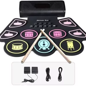 ست درام الکترونیکی COOLMUSIC، پد درام قابل حمل با قابلیت جمع شدن، کیت درام الکترونیکی با 9 سیلیکون داخلی، بلندگوهای استریو دوگانه، انتخاب عالی برای مبتدیان