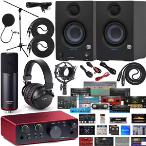 کیت کامل استودیویی شامل کارت صدای USB Focusrite Scarlett Solo نسل 4، نرم‌افزار انحصاری، مانیتورهای استودیویی Eris 3.5 با طراحی جدید، میکروفون حرفه‌ای و هدفون ضبط صدا