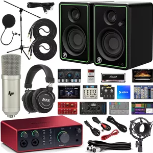 کیت کامل کارت صدای Focusrite Scarlett 4i4 USB-C Audio/MIDI به همراه بسته نرم‌افزاری اختصاصی، مانیتورهای استودیویی CR3-X، کیت میکروفون حرفه‌ای و هدفون ضبط