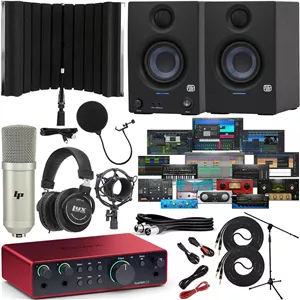 باندل کارت صدای USB-C نسل چهارم Focusrite Scarlett 2i2 به همراه مانیتورهای استودیویی PreSonus Eris 3.5، شیلد ضبط صدا، میکروفون کاندنسر، هدفون و کابل
