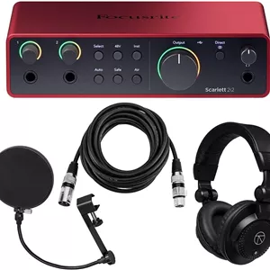 کارت صدای USB Focusrite Scarlett 2i2 نسل 4 به همراه بسته نرم افزاری، به همراه هدفون استودیویی پشت بسته Baco و کابل میکروفون XLR 15 فوتی و پاپ فیلتر گردنی (4 قطعه)