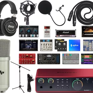 بسته کارت صدای USB نسل چهارم Focusrite Scarlett 2i2 به همراه کیت نرم‌افزاری انحصاری تولید موسیقی خلاقانه و میکروفون کاندنسر LP به همراه کابل XLR و لرزه‌گیر