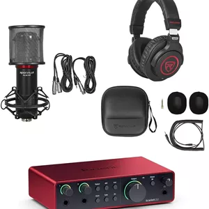مجموعه Audiosavings: کارت صدای USB Focusrite Scarlett 2i2 نسل 4 برای ضبط استودیوییبسته نرم افزاری به همراه میکروفون کاندنسر استودیویی/ضبط Rockville RCM SRهدفون PRO-M50 SR (شامل 3 مورد)