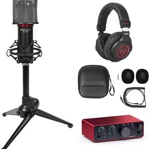 باندل Audiosavings: کارت صدای USB Focusrite Scarlett Solo نسل 4 به همراه پایه میکروفون Rockville RDTSمیکروفون استودیویی/ضبط RCM SRهدفون PRO-M50 SR (شامل 4 قطعه)