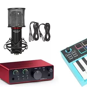 بسته صوتی: کارت صدای USB Focusrite Scarlett Solo نسل 4 به همراه هدفون Rockville PRO-M50 SRکنترلر میدی کیبورد USB با 25 کلید M25میکروفون RCM SR (شامل 4 مورد)
