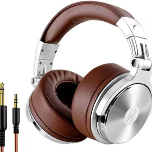 هدفون های استودیویی قابل حمل Oneodio DJ، پشت بسته، بدون آداپتور برای نظارت، حذف نویز و محفظه چرخان 90 درجه، نقره ای قهوه ای