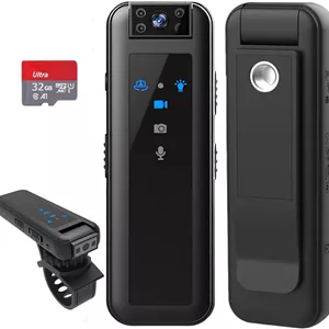 دوربین کوچک بدنه CS07 با کیفیت 1080P HD و صدا، لنز چرخان 180 درجه، دید در شب، گیره و پایه دوچرخه، باتری 5 ساعته، ضبط کننده ویدئویی پوشیدنی با کارت SD 32 گیگابایتی برای امنیت، پلیس، فضای باز، دفتر