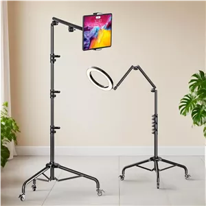 پایه رومیزی چرخ دار تبلت، سه پایه نگهدارنده تبلت برای رینگ لایت/آیپد/تلفن/میکروفون/دوربین DSLR، پیچ 1/4'' 3/8'' 5/8''، سر توپی، بازوی مفصلی جداشدنی 3 قسمتی